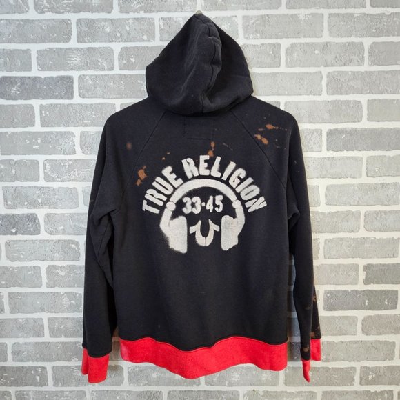 True Religion Jacket Women's Large Black Red Bleach Splatter Distressed Logo - Picture 3 of 15